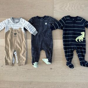 Carter's Fleece Pajamas 6M Winter Dinosaur, Bear, Monster Bundle of 3
